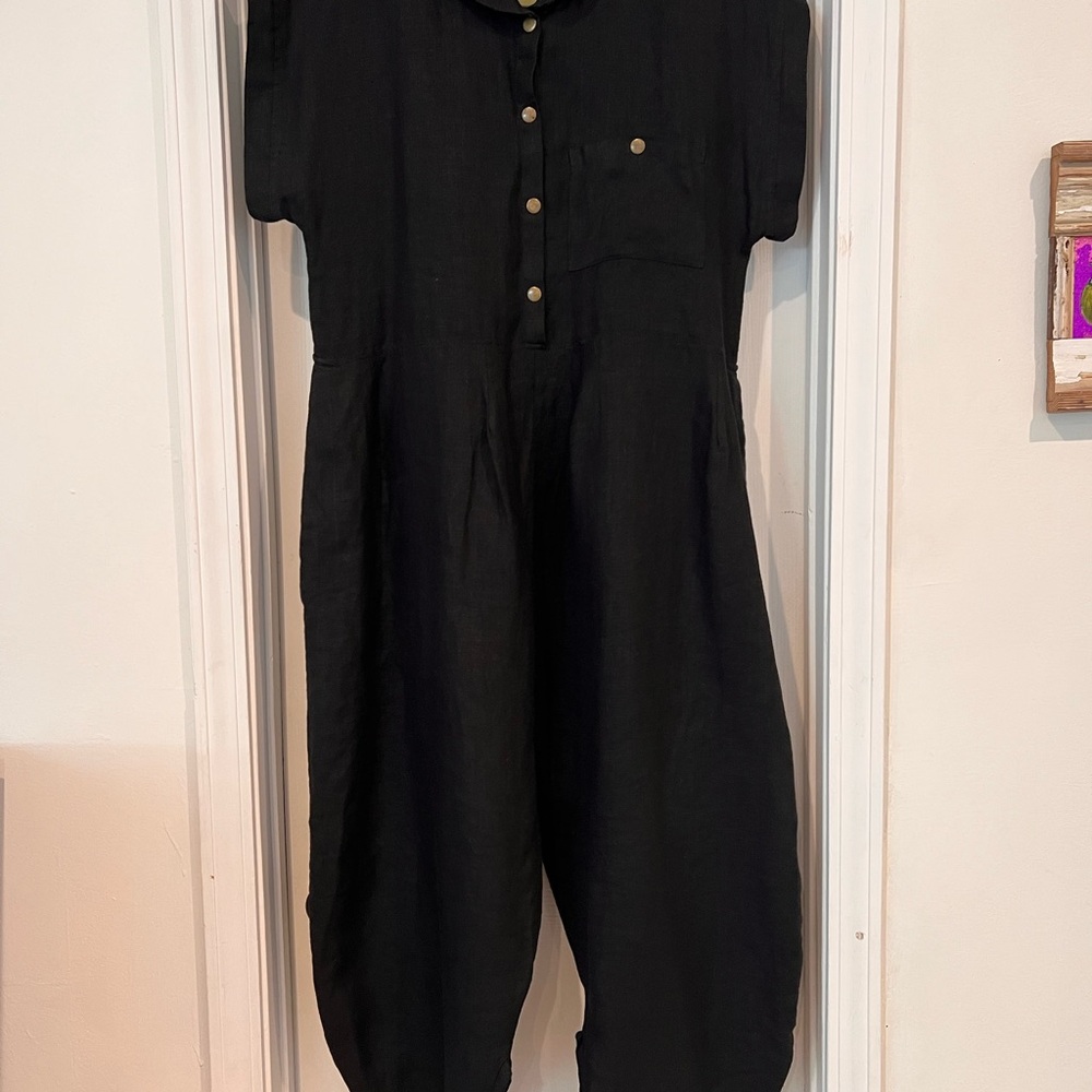 Linen Black Button-Front Jumpsuit
